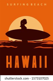 surfing beach hawaii poster illustration design woman silhouette surfboard vintage retro style