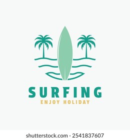 surfing beach holiday logo design concept idea with palm tree