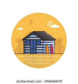 Surfing beach hut seaside icon in line art. Summer bath house with surfboards illustration in flat design.