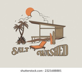 surfing beach hut vector illustration, bech chair with surfboard artwork, palm beach design for t shirt, sticker, poster, graphic print