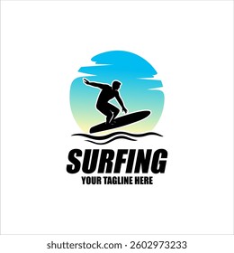 Surfing in beach logo illustration