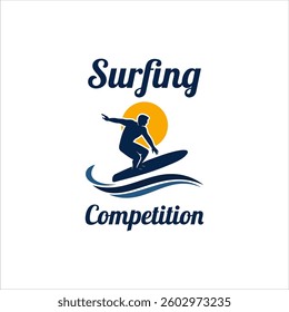 Surfing in beach logo illustration