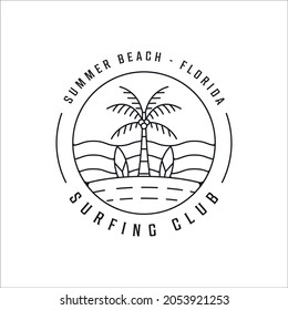 surfing beach logo line art simple minimalist vector illustration template icon design. paradise with palm or coconut tree with badge typography style