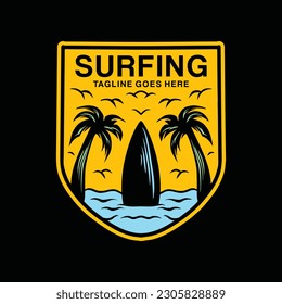 Surfing Beach Logo Vector Graphic Design illustration Vintage Badge Emblem Symbol and Icon