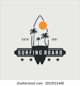 surfing beach logo vintage vector illustration template icon design. paradise symbol retro with sunset
