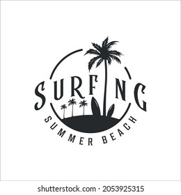 surfing beach logo vintage vector illustration template icon design. paradise with palm or coconut tree creative symbol with retro style typography