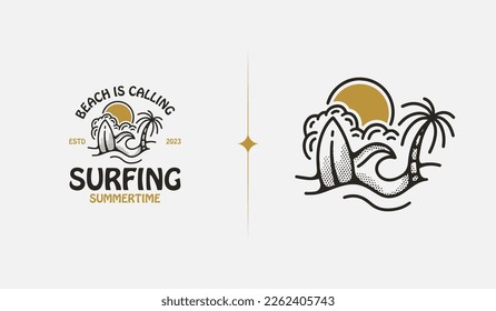 Surfing Beach monoline. Universal creative premium symbol. Vector sign icon logo template. Vector illustration