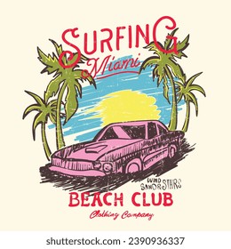 surfing beach paradise with surf car, Summer wave surf illustration with palm trees for t shirt, sweatshirt and other uses.  hand drawn and clean vector surf designs.