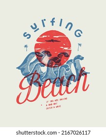 Surfing beach silkscreen tall cute waves and bird silhouette in front of the sun and palm-trees t-shirt print vector illustration.