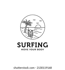 surfing beach sunset line art minimalist logo vector illustration design