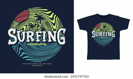 Surfing Beach Typography with Line Art Hand Drawn vector Tshirt Design.