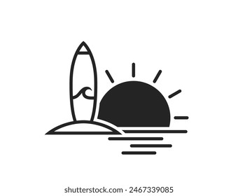 surfing and beach vacation icon. surfboard and sunset symbol. isolated vector image for tourism design