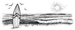 Surfing Beach Vector Landscape, Panorama View With Waves, Sun And Seagulls. Illustration Of Surf Board In The Sand. Black And White Vintage Sketch. 