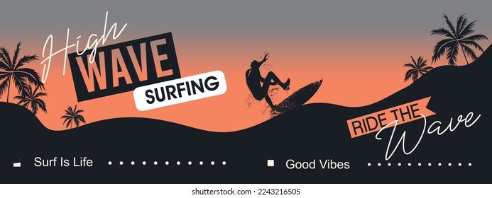 surfing Beach Vibes Banner Design Gradient Surfer palm tree typography Background Ocean web design box Banner sign template card graphic design  vector