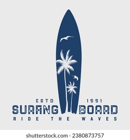 surfing beach vintage vector illustration template design. the theme of surf and surfing. Vintage design. Grunge background. Stamp typography, t-shirt graphics, print, poster, banner, flyer, postcard