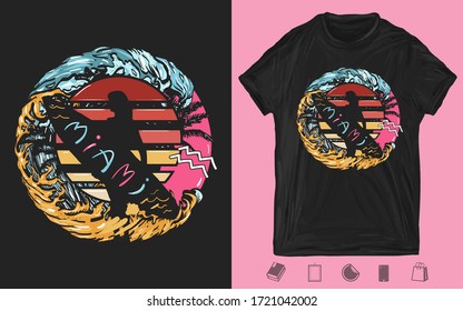 Surfing. Beautiful girl with a surfboard. Miami slogan. Creative print for dark clothes. T-shirt design. Template for posters, textiles, apparels 