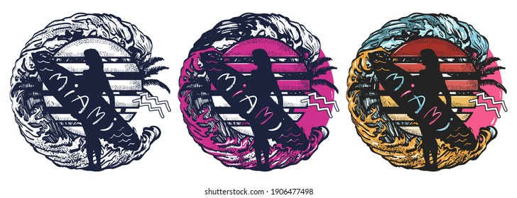 Surfing. Beautiful girl with a surfboard. Miami slogan. Old school tattoo vector art. Hand drawn cartoon character set. Isolated on white. Traditional tattooing style 