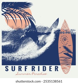 Surfeando en la gran ola. Persona surfeando silueta de ola inconformista. Ilustración vectorial de serigrafía de impresión de camiseta de tipografía deportiva de playa vintage afligido.