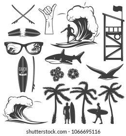 Surfing black icon set with elements attributes and gestures relating to this kind of sport vector illustration