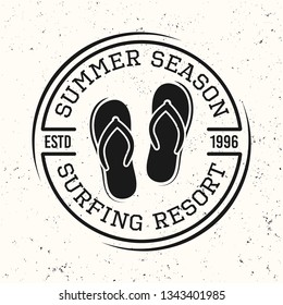 Surfing black vintage round emblem, badge, label or logo with flip flops vector illustration on white textured background