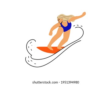 Surfing Blond Woman In Blue Swiming Suit