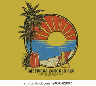 Surfing board and chair. Sunny day at the beach. Ocean wave. Palm tree  print artwork. Good vibe long beach. Sunshine beach club graphic print design for t shirt print, poster, sticker and other uses.