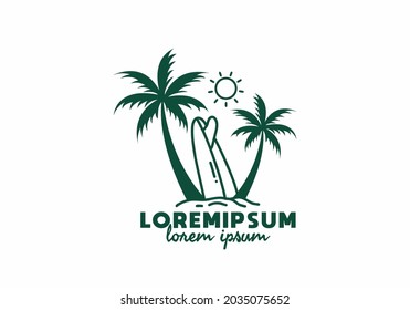 Surfing board and coconut trees line art with lorem ipsum text design