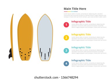 surfing board equipment infographics template with 4 points of free space text description - vector illustration