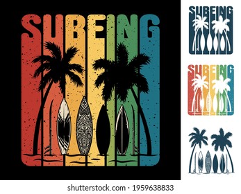 Surfing board and hawaii beach palm. Coast emblem for t-shirt surfingboard designv. Print set