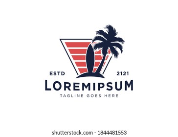 Surfing Board Logo Design Inspiration. Surfboards Under Coconut Trees Vector Template
