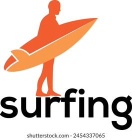 Surfbrett mit Man-Logo, Surfer-Logo-Vorlagen. Surf-Abzeichen. Sommerspaß. Surfbrett-Elemente