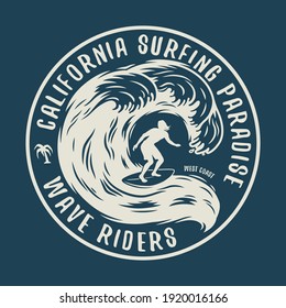 Surfing board, man on a wave. Vector illustration of hawaii summer t-shirt print design