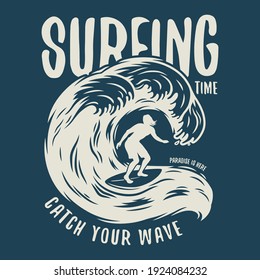 Surfing board, man on a wave. Vector illustration of hawaii summer t-shirt print design