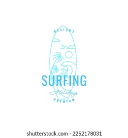 surfing board ocean wave holiday sport hobby line art logo design vector icon illustration template