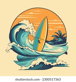 Surfing board and ocean wave tropical beach vintage logo badge vector illustration