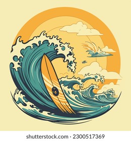 Surfing board and ocean wave tropical beach vintage logo badge vector illustration