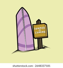 Surfing board on the beach illustration design