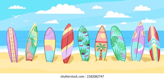 Surfing board on beach. Surfboard background, ocean panorama with decor surf boards in sand. Hawaii extreme sport training, cartoon decent vector landscape