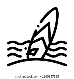 Surfing Board On Seaside Icon Thin Line Vector. Thailand Tourist Activity Surfing Equipment On Beach Concept Linear Pictogram. Monochrome Outline Sign Isolated Contour Symbol Illustration