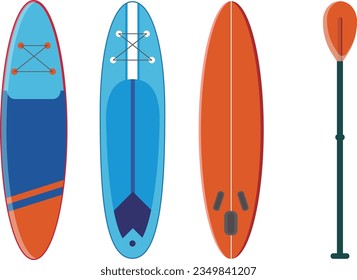 Surfing board, paddle flat illustration set
