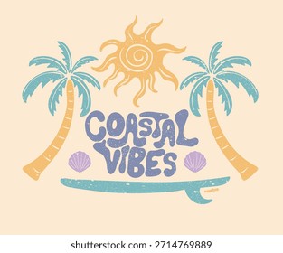  Surfbrett mit Palmenkunstwerk. Design von Küstenvibes. Sonnenschein Vintage-Design. Sommervibes Kunstwerk. Grafik-Artwork von Sun. Tropisches abstraktes Kunstdesign.