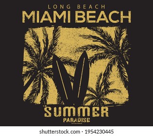 Surfing board and palm tree brush look vintage vector design. miami beach t-shirt design. 