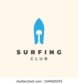 Surfing board with palm tree illustration for surfing club logo template design.