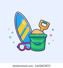 Surfing Board With Sand Bucket Vector Icon Illustration. Summer Beach Sport. Holiday Icon Concept White Isolated. Flat Cartoon Style Suitable for Web Landing Page, Banner, Flyer, Sticker, Card