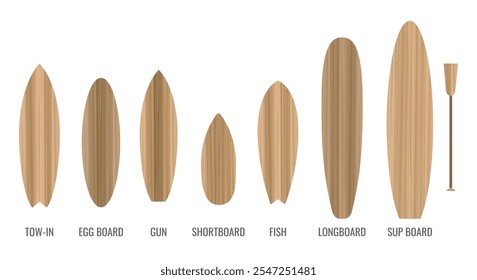 Conjunto de tabla de surf. Tablas de surf de madera de diferentes tamaños y formas de tablas de deportes acuáticos Ilustración vectorial aislada