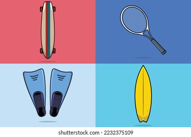 Surfing Board, Skateboard, Racket and Diving Flippers Set vector illustration. Summer beach and Sport object icon concept. Collection of water sports and land sports icons element vector design.