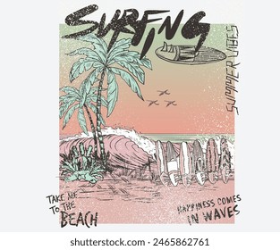 Surfing board sketch. Surfing club, Tropical island print design. Palm beach vibes artwork. Holiday forever design for t shirt print, sticker, background and other uses. Summer vibes artwork.