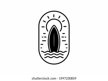 Surfing board and sun line art badge design
