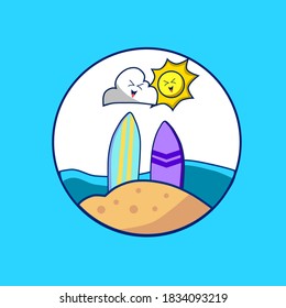 Surfing board and sunshine in summer vector icon illustration. summer Icon concept. flat cartoon style suitable for web landing page, banner, sticker, background