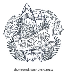 Surfing board. Trendy hawaii surf or surfboard for tiki bar. Traditional ethnic hawaiian board. Tribal summer surfer